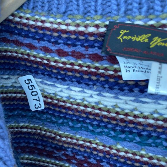 INVISIBLE WORLD Cardigan Mens Adult S Wool Chunky Nordic Striped Full Zip Blue - Picture 13 of 13